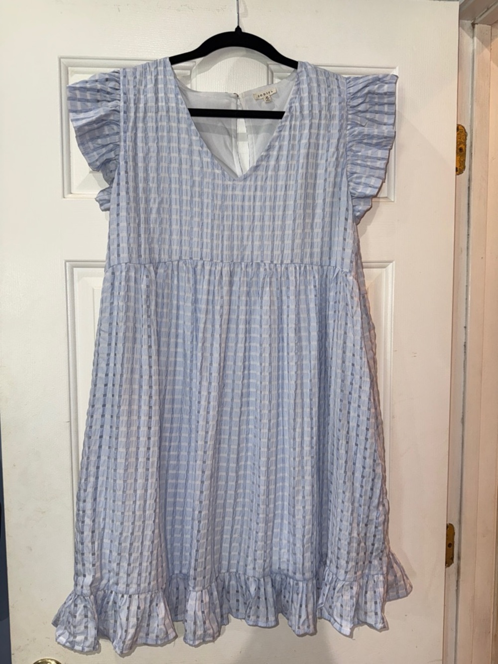 JODIFL Light Blue Gingham Ruffle-Sleeve Dress